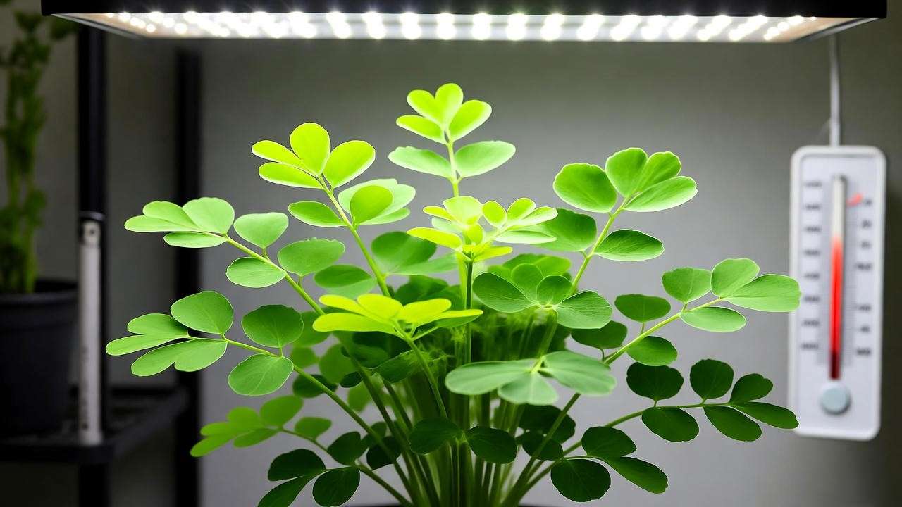 "Methi plant growing under LED light with thermometer indoors".