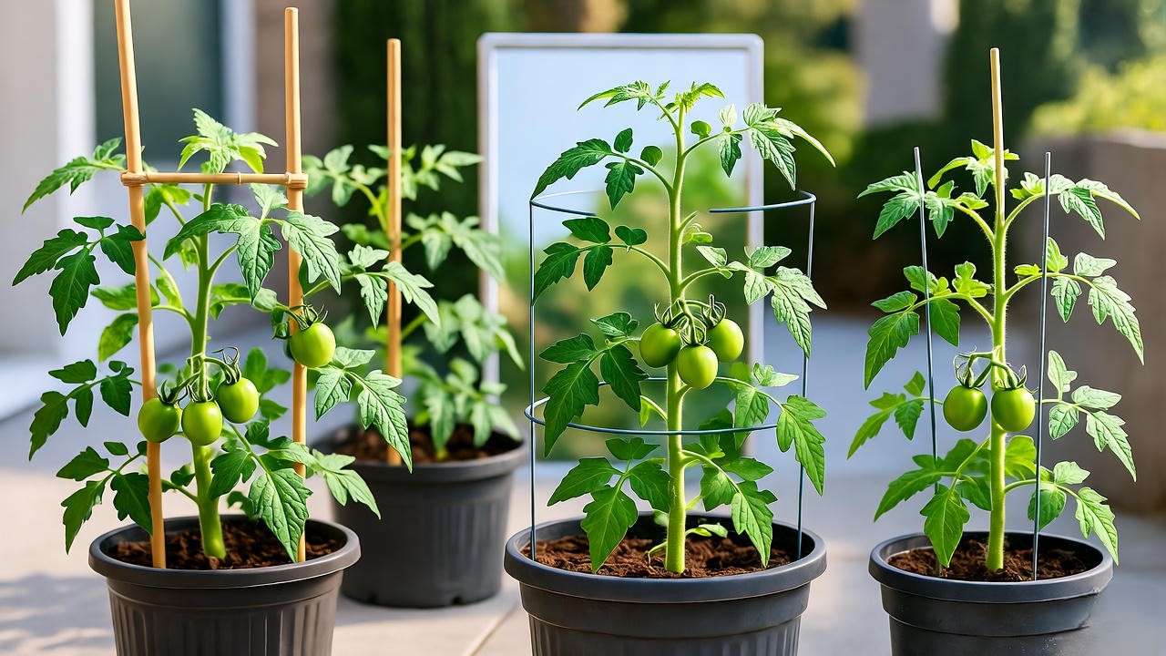 Supporting structures and sunlight optimization for patio tomato plants in containers.