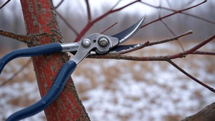 Close-up of pruning a sugar maple branch in a snowy Vermont winter".