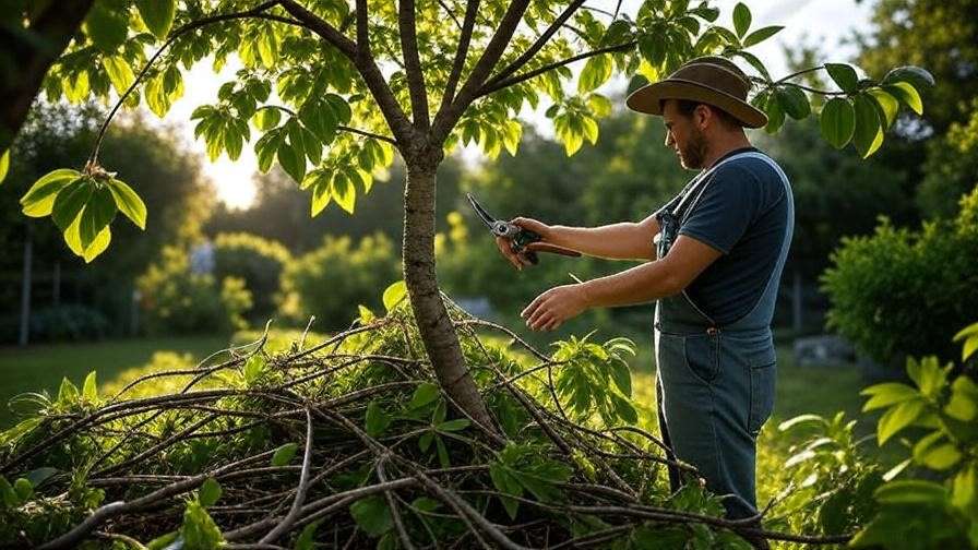 "Gardener pruning cherry tree branches during drought." 