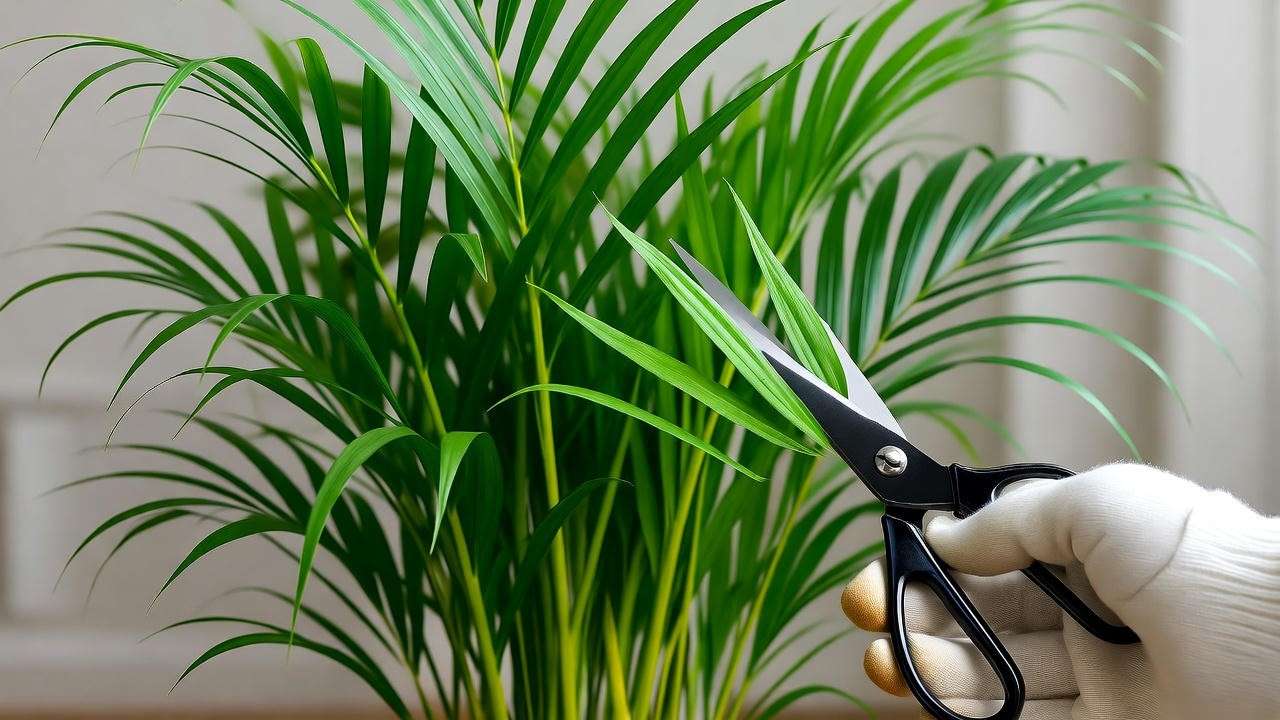 Pruning a Neanthe Bella Palm plant with scissors in a clean indoor environment."
