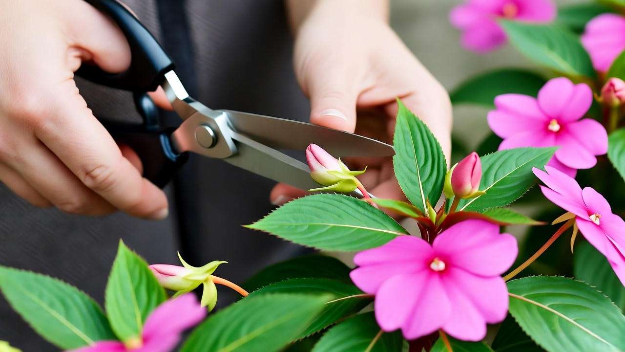 Gardener pruning double impatiens plants to promote continuous blooms."