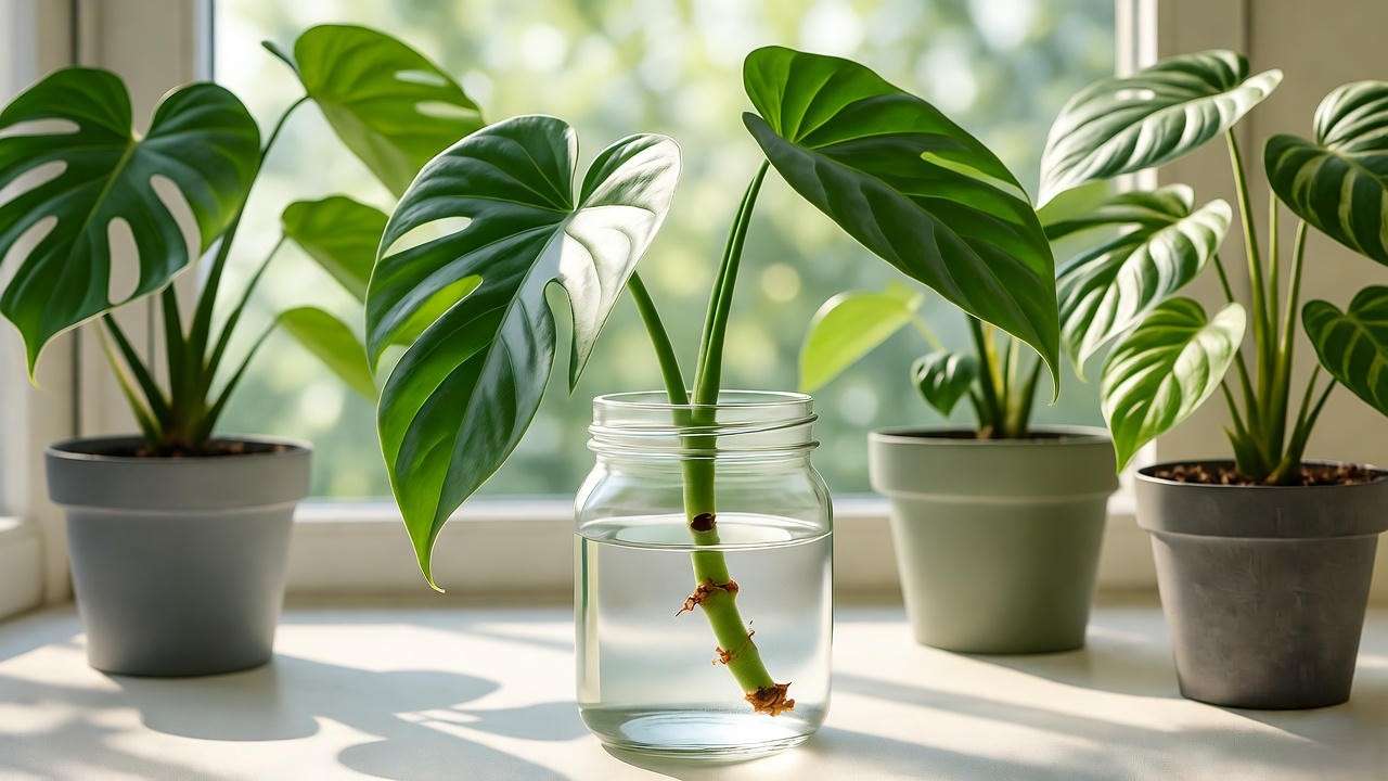 Philodendron stem cutting propagating in water with healthy aroid plants."