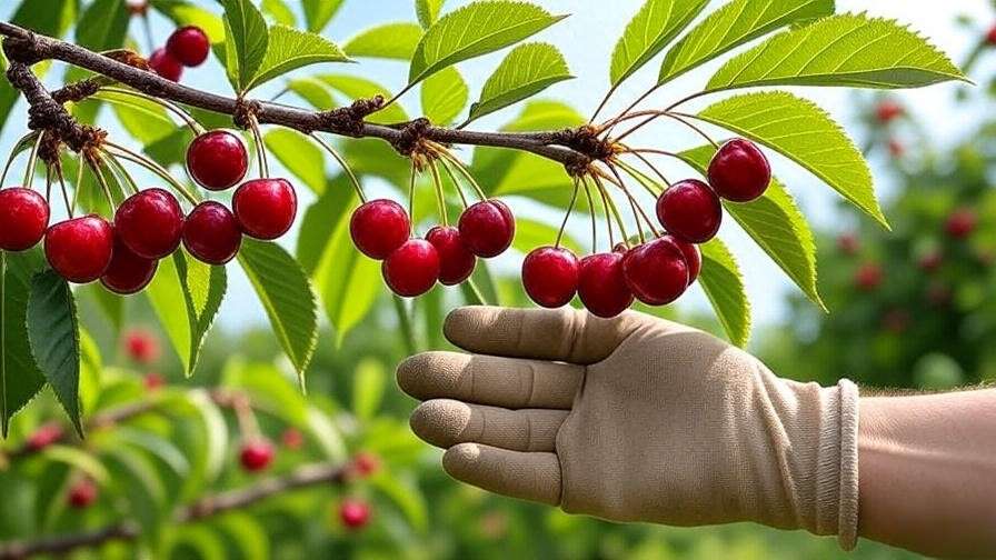 Gardener thinning ripe cherries on a healthy cherry tree branch to prevent fruit drop."
