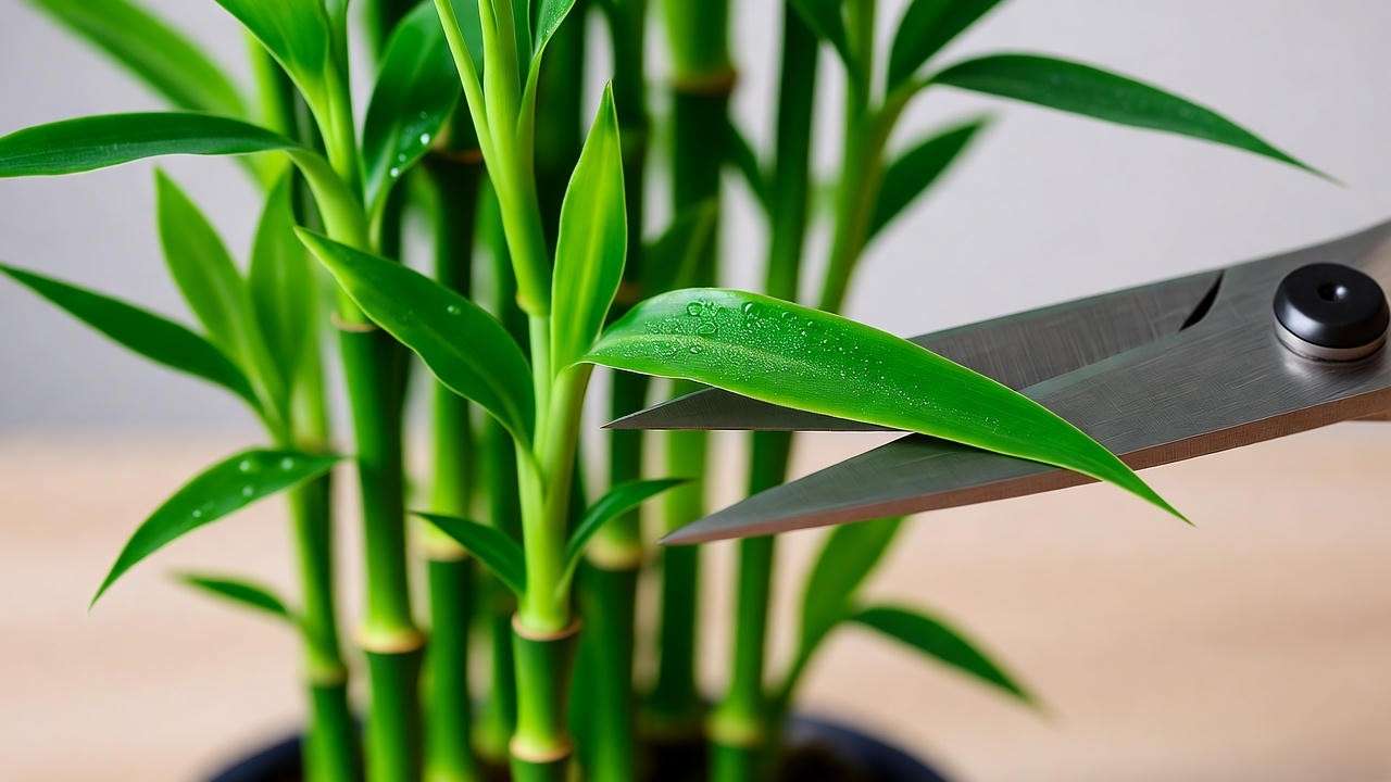 Bonsai bamboo plant pruning with sharp shears and trimmed leaves"