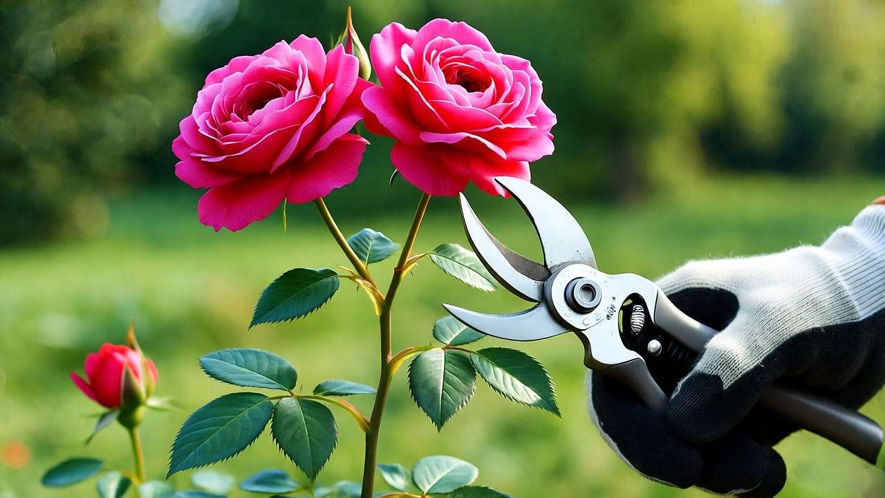 Pruning damask rose plant with vibrant blooms using bypass pruners in a garden."