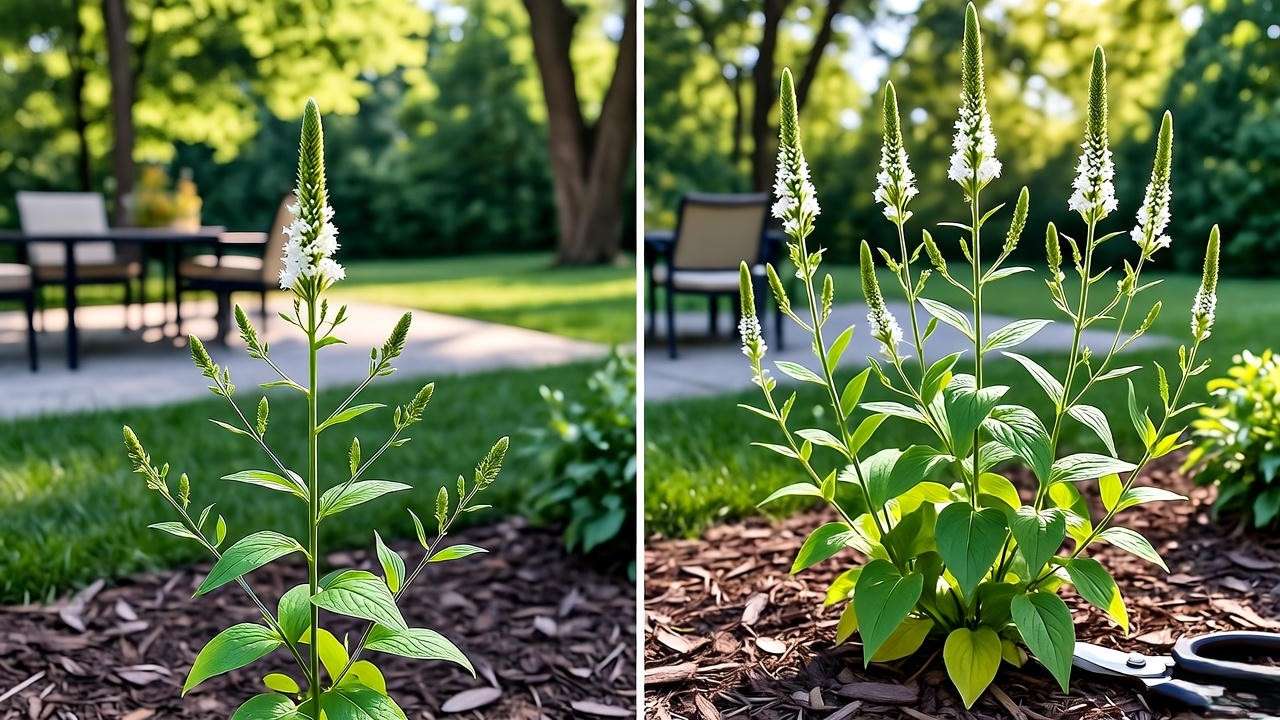 Before and after pruning white vervain plant for bushier growth and more flowers