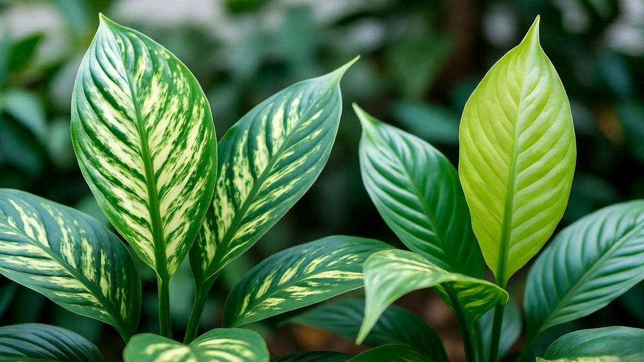 A variegated peace lily plant showing both its desired variegated leaves and a reverted all-green leaf for comparison.