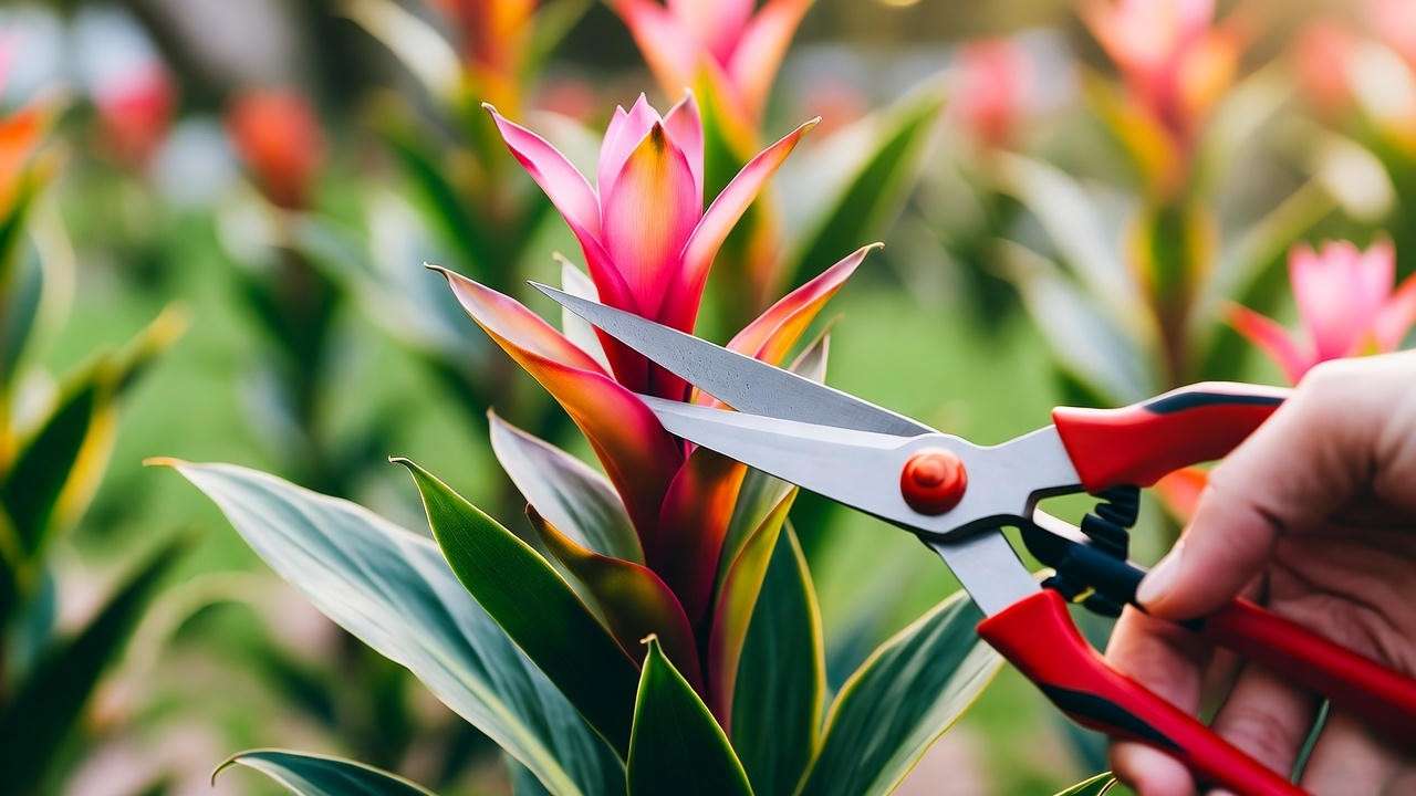 Gardener pruning a leucadendron plant with shears in a sunny garden."