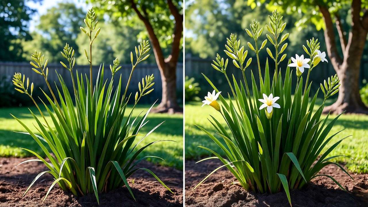 Before and after dombeya pruning showing improved shape and bloom density