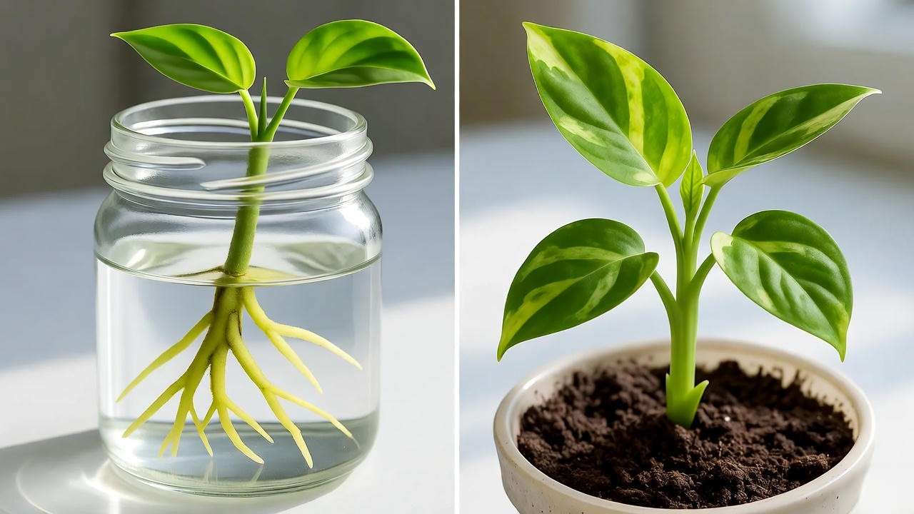 Calico kitten plant stem cutting propagation in water showing root growth in 14 days