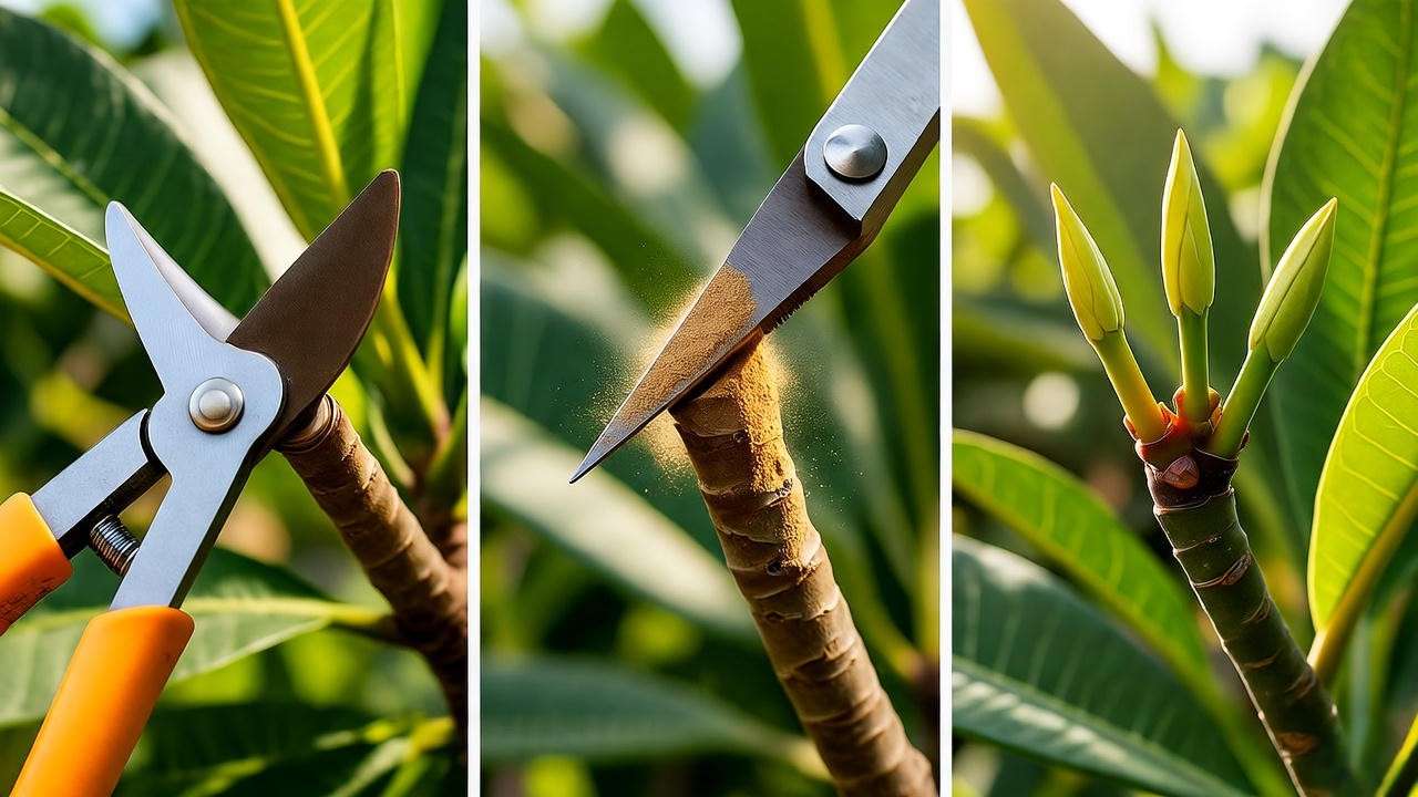 Pruning yellow plumeria plant with 45-degree cut and cinnamon seal for healthy regrowth