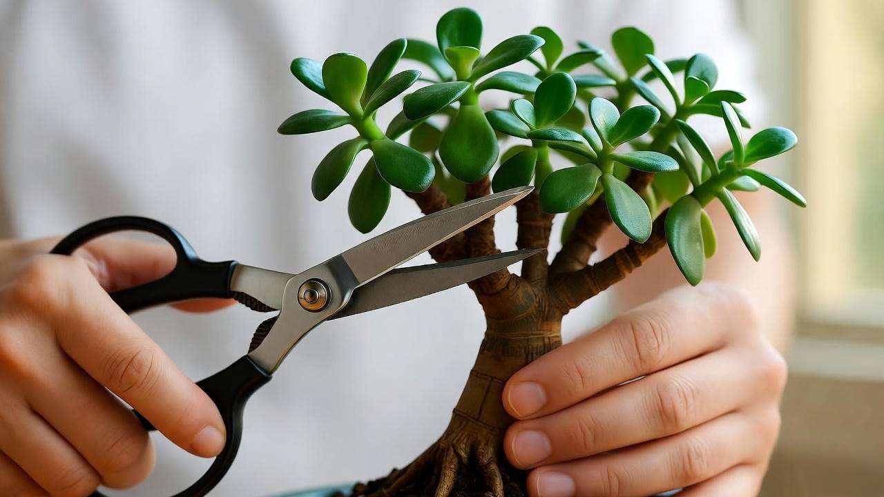 Close-up of jade plant bonsai pruning with shears for beginners".