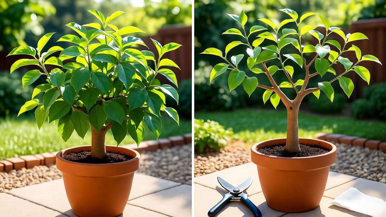 Before and after pruning Citrus medica Etrog tree into open vase shape for better light and fruit