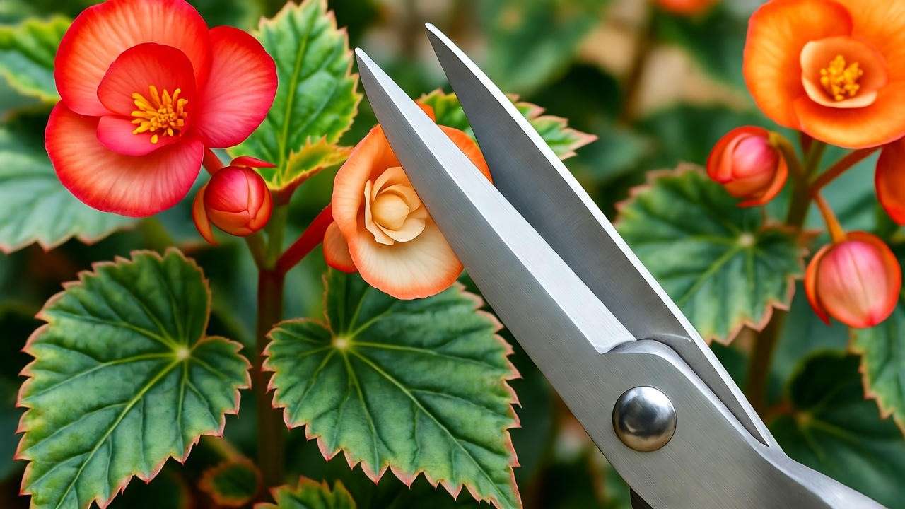 Step-by-step pruning of Rieger begonia with scissors and vibrant blooms."