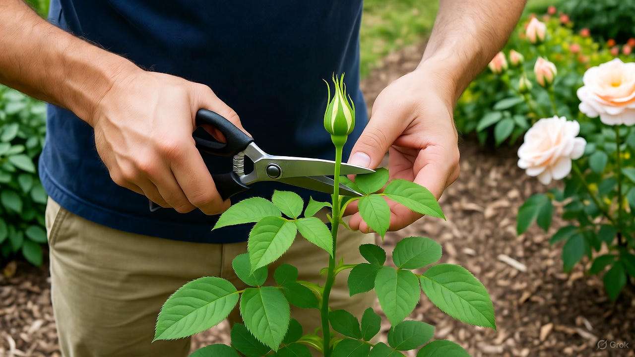 Gardener pruning an Earth Angel Rose Plant with shears in a sunny garden."