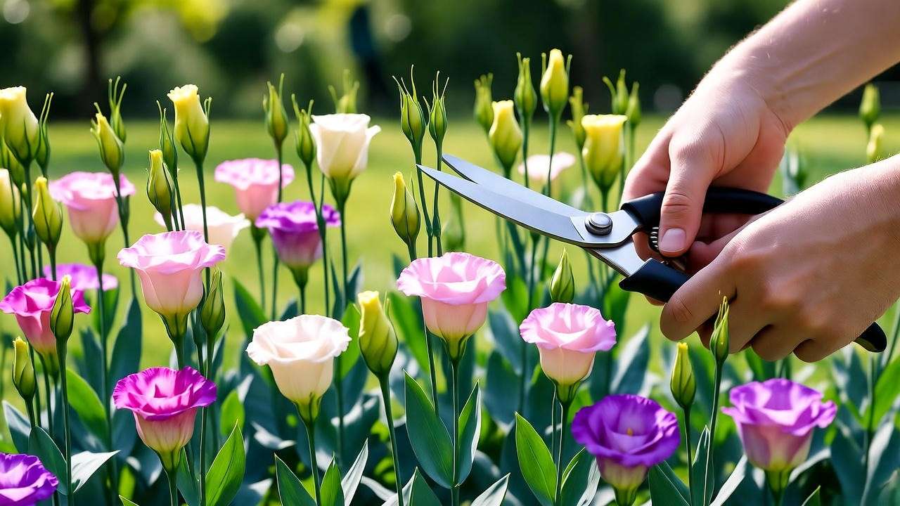Gardener pruning lisianthus plants with shears for bushier growth."