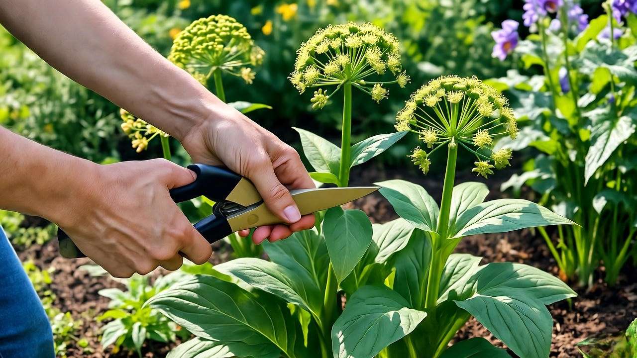 Gardener pruning Angelica Gigas blooms in a shaded garden bed."