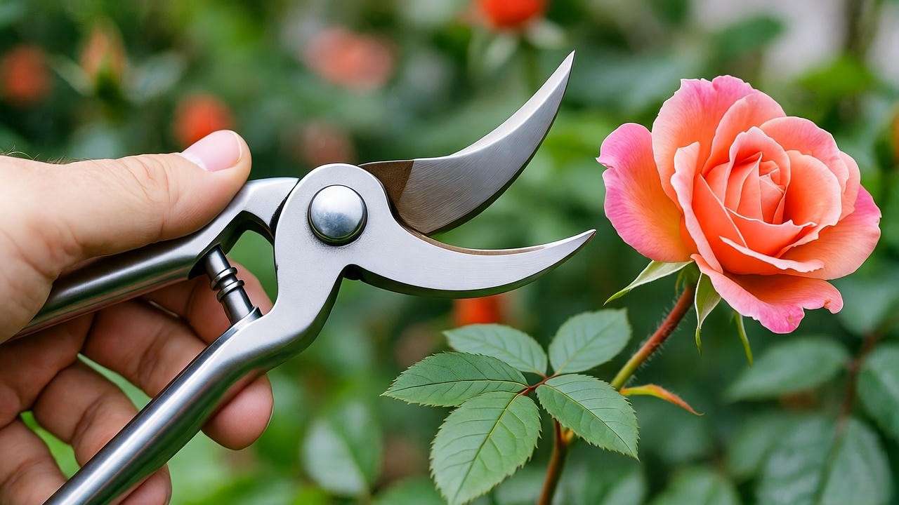 Gardener deadheading a rose by cutting above a five-leaflet leaf with pruning shears.