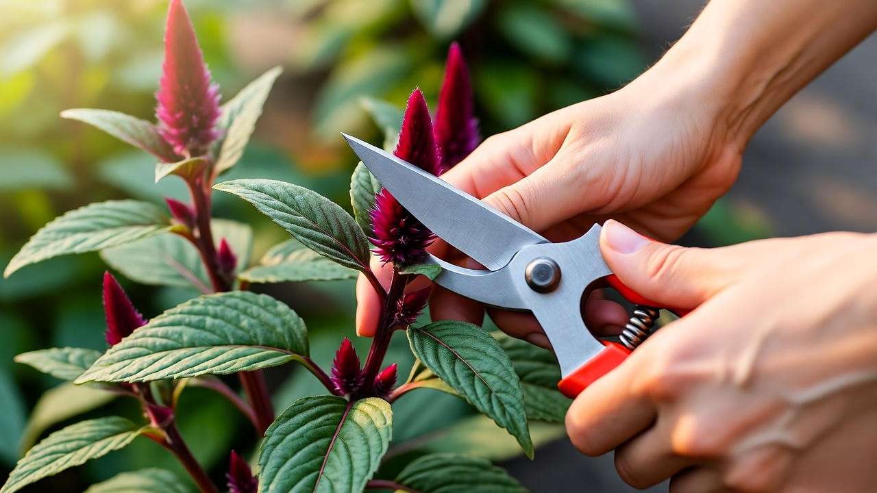 Hands pruning Celosia Dracula plant for deadheading spent blooms to promote continuous crimson flower production.