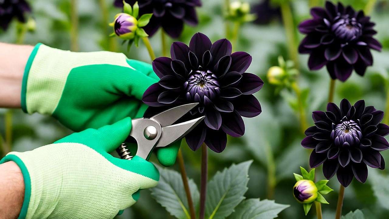 "Gardener pruning spent bloom from black dahlia plant with shears".