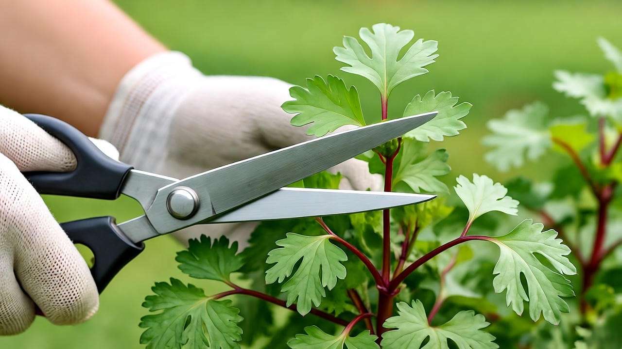 Gardener pruning a healthy Vietnamese cilantro plant with scissors in a garden bed"