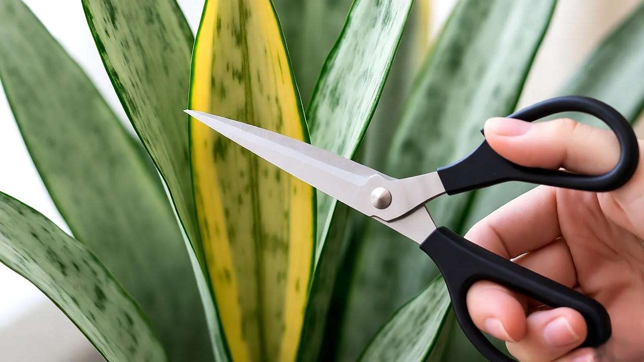 Hand pruning a yellowing leaf from a Moonshine Snake Plant with scissors."