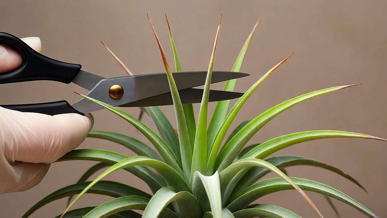 Pruning a Cyanea air plant with scissors to remove brown leaf tips."