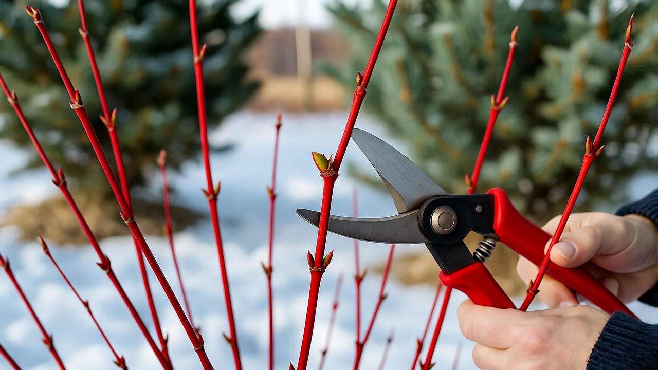 Gardener pruning Red Twig Dogwood with red stems in snowy garden."