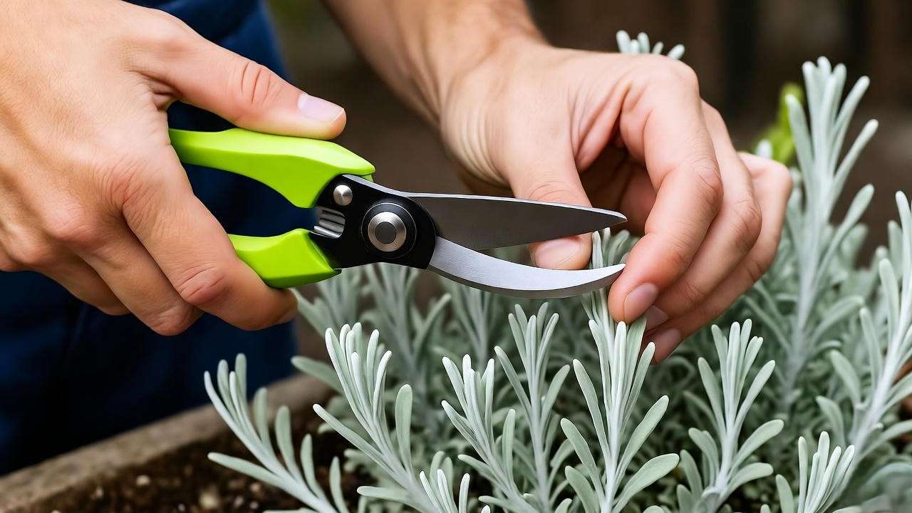 Gardener's hands pruning leggy silver-green Artemisia plant to promote denser growth."