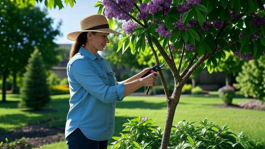 Gardener pruning a healthy purple ash tree with sanitized shears in a tidy garden."