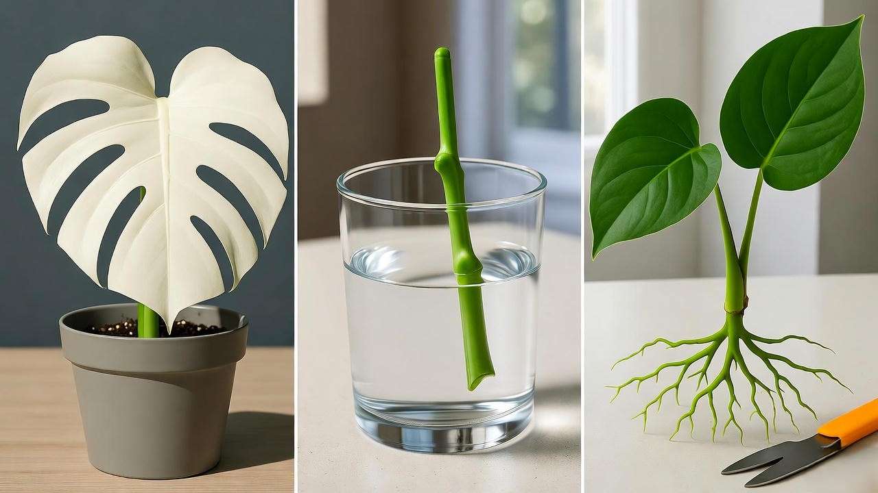 Step-by-step propagation of a white monstera plant with stem cutting in water.