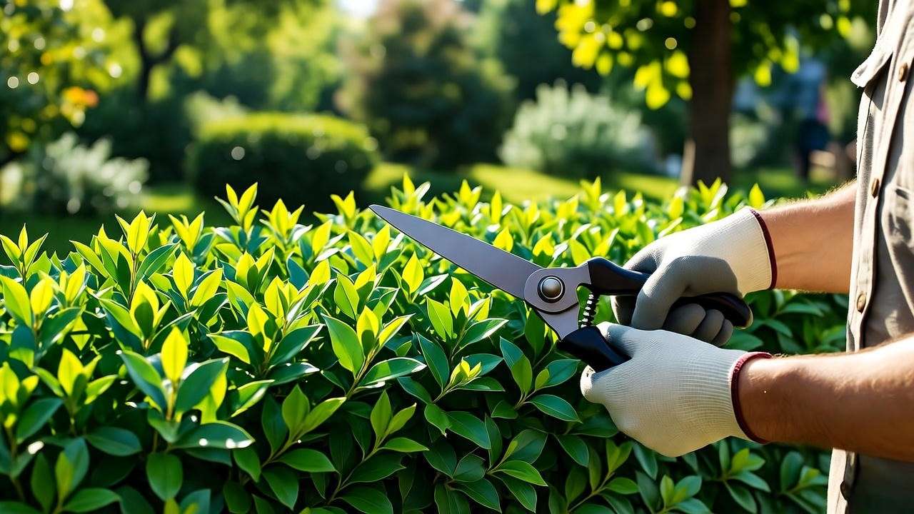 Gardener pruning a ficus hedge into a geometric shape with shears."