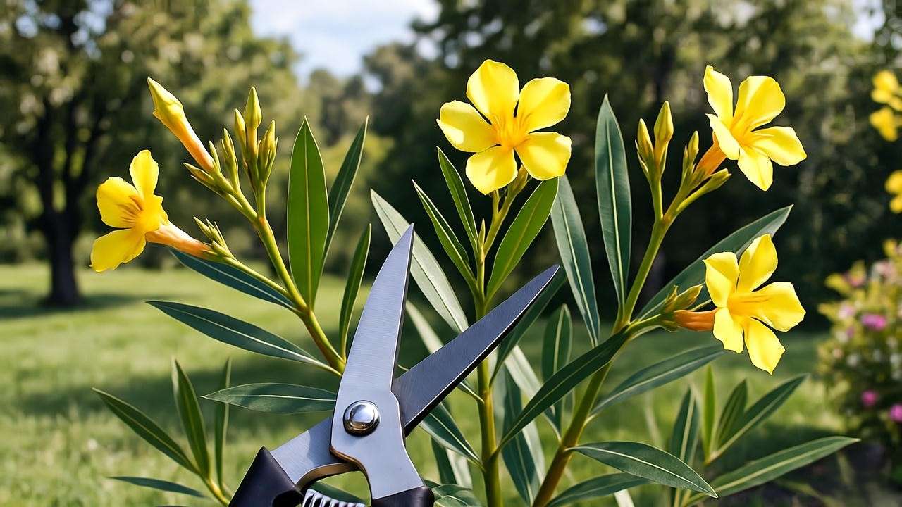 Yellow oleander plant pruning with shears showing healthy branches and blooms in a lush garden"
