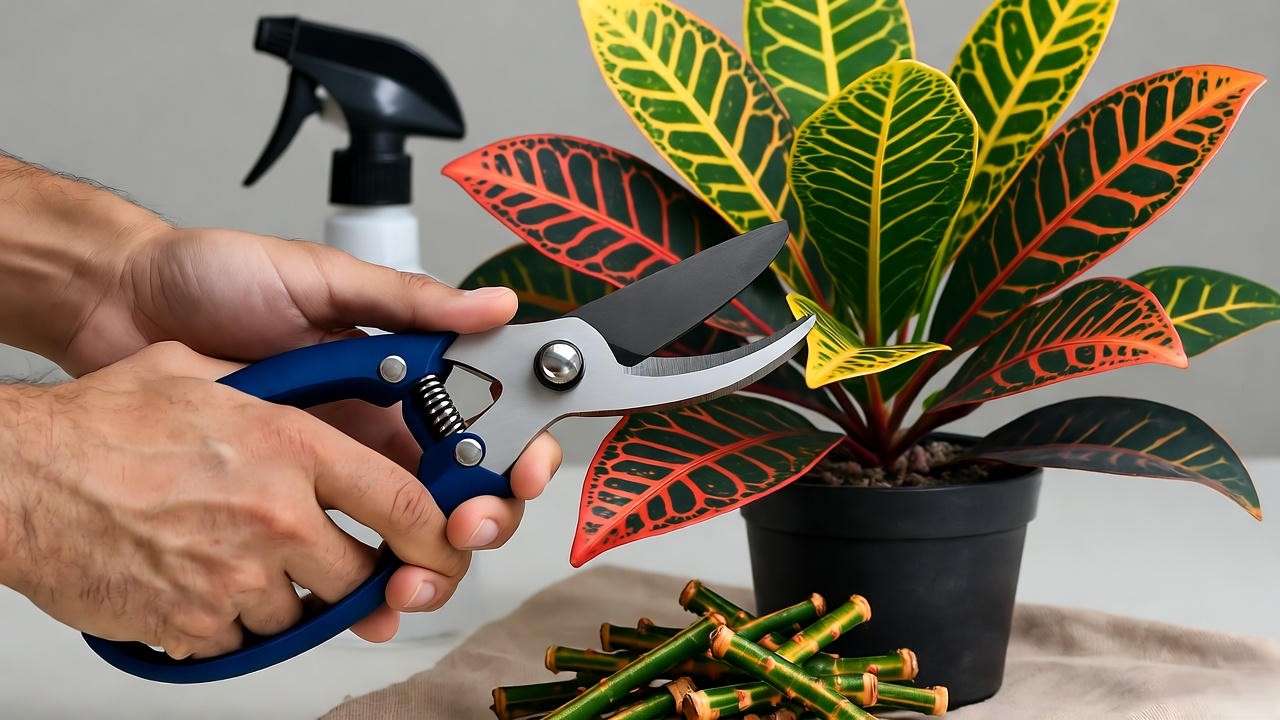 Pruning a Croton Petra plant with shears, showing proper technique for healthy houseplant growth.