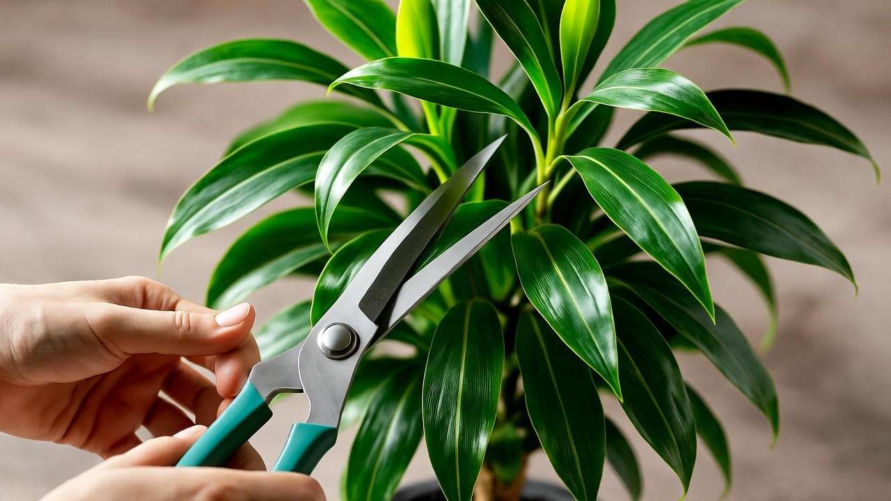 Ficus alii plant being pruned with shears for a bushy shape"