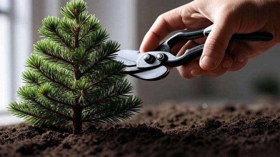 Hand pruning a potted pine tree with shears for shaping indoors."