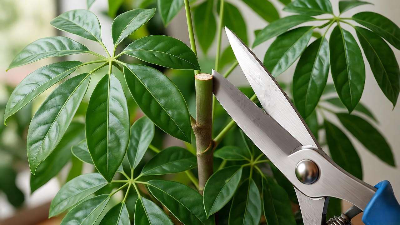 Schefflera plant being pruned with shears showing bushy growth indoors."