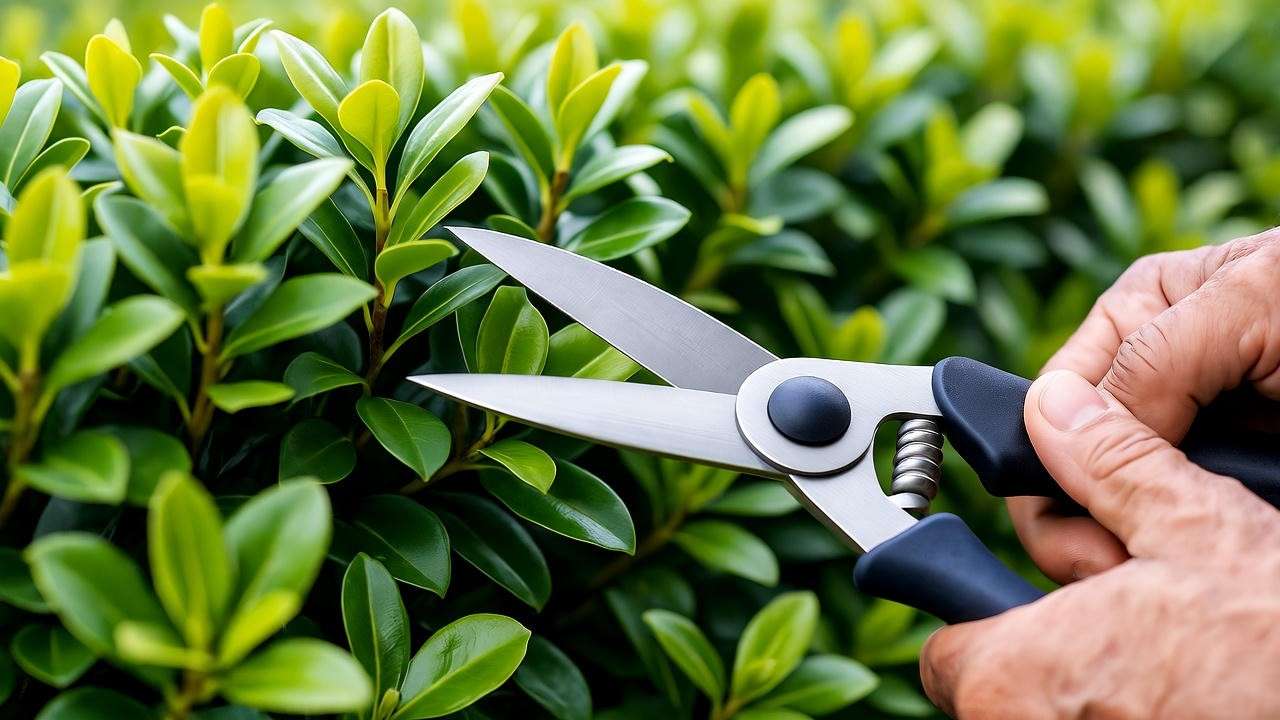 Gardener pruning a lilly pilly hedge with secateurs in a well-maintained garden."