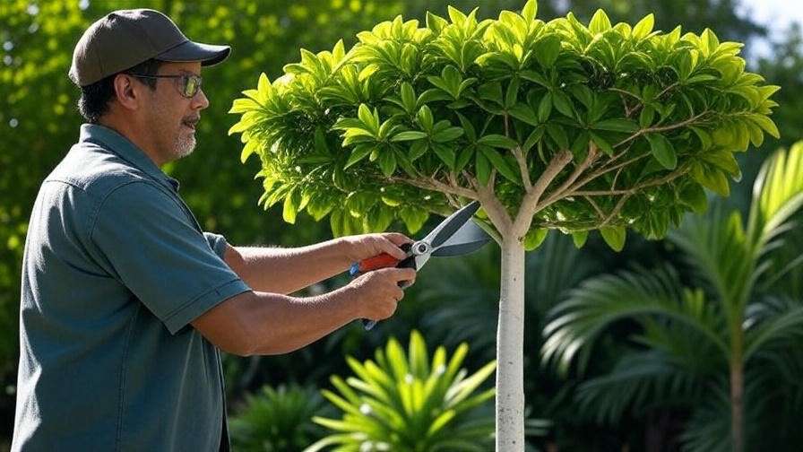 Gardener pruning a white sapote tree with shears in a sunny tropical garden."