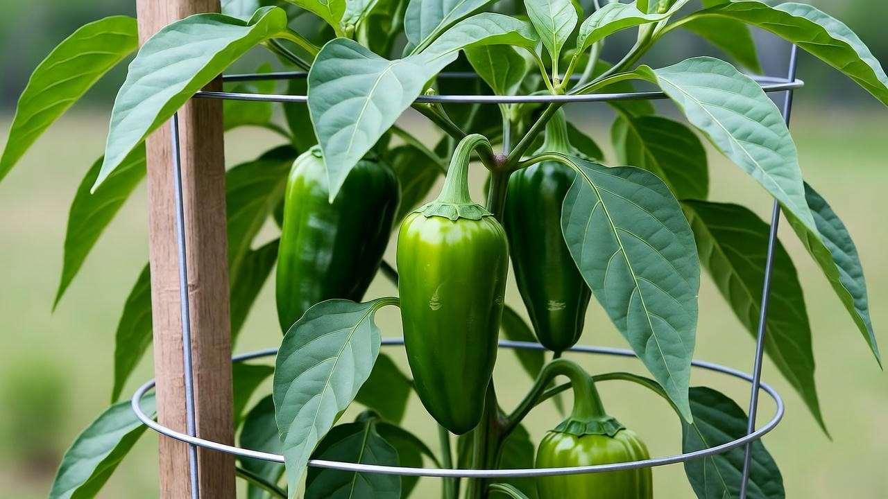 Cubanelle pepper plant supported by stakes with ripe peppers in a sunny garden."