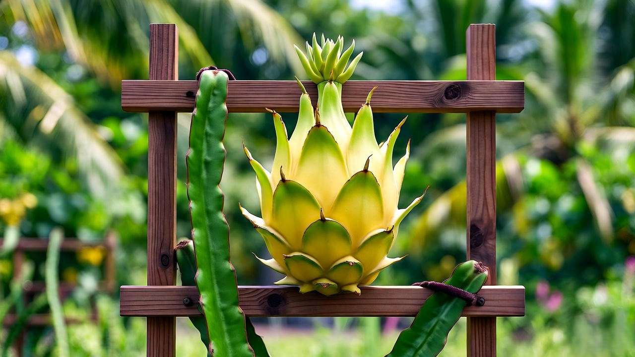 Yellow dragon fruit tree with pruned stems and trellis showing fruit buds."
