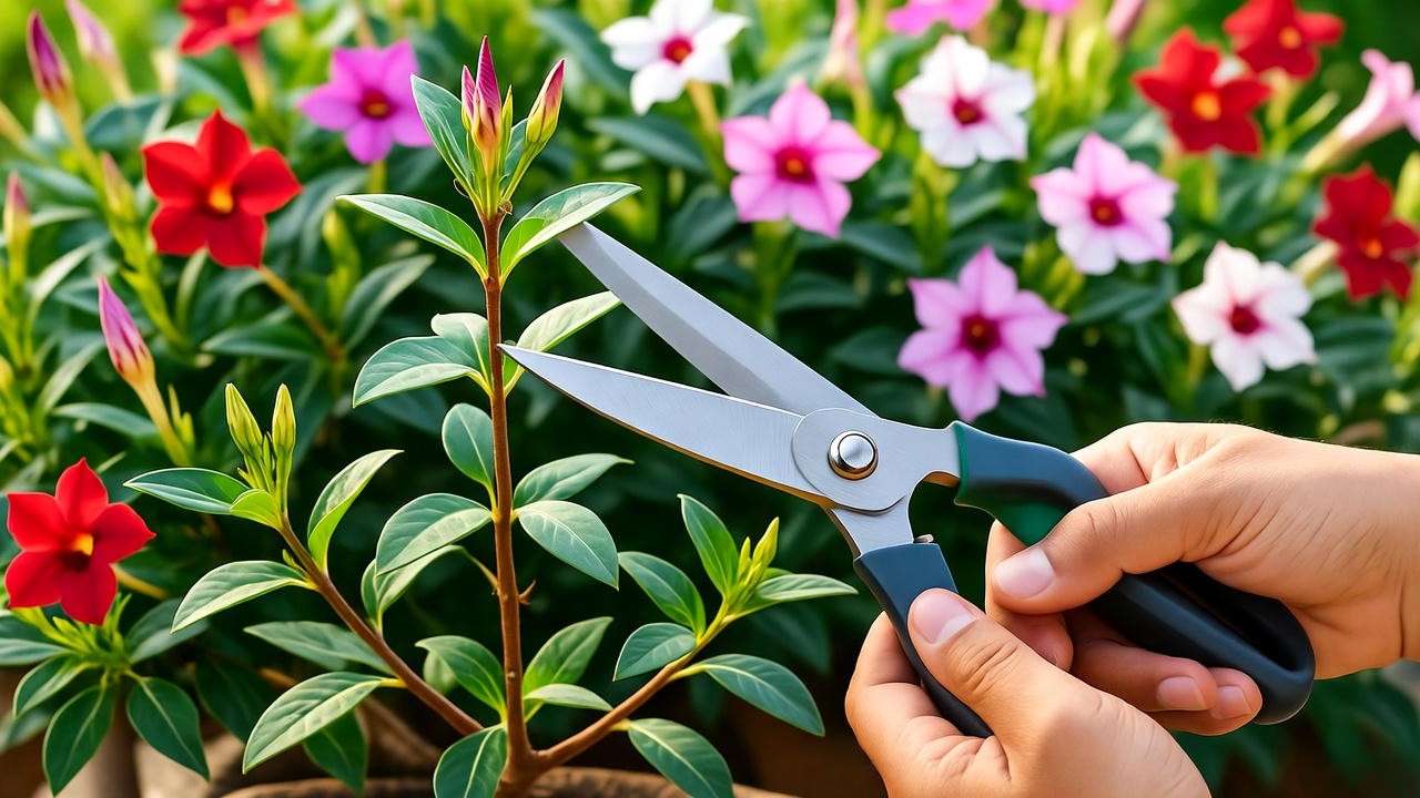 "Gardener pruning a dipladenia plant with shears for healthy bushy growth and vibrant blooms."