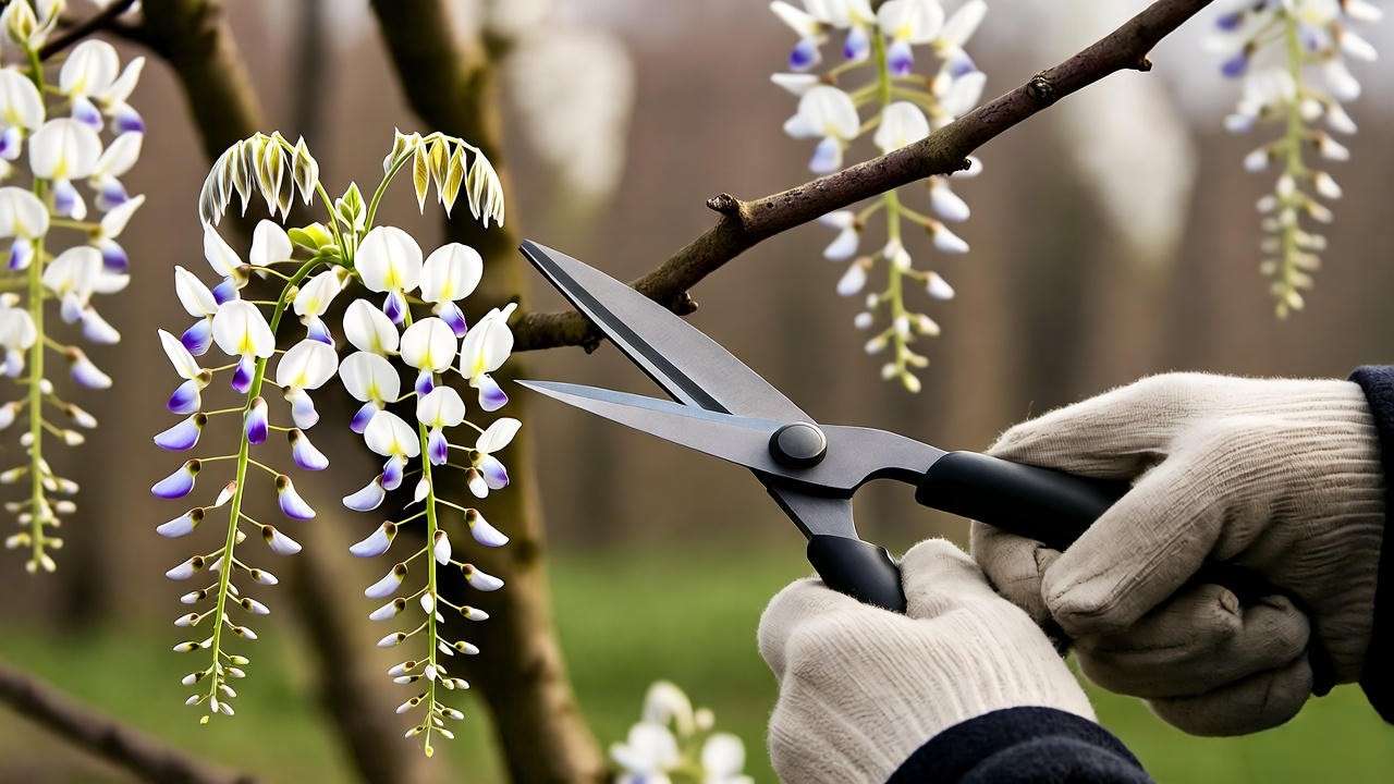 Gardener pruning a white wisteria tree with shears in late winter."