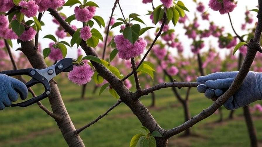 Cherry tree pruning with shears showing healthy pink blossoms in an orchard.
