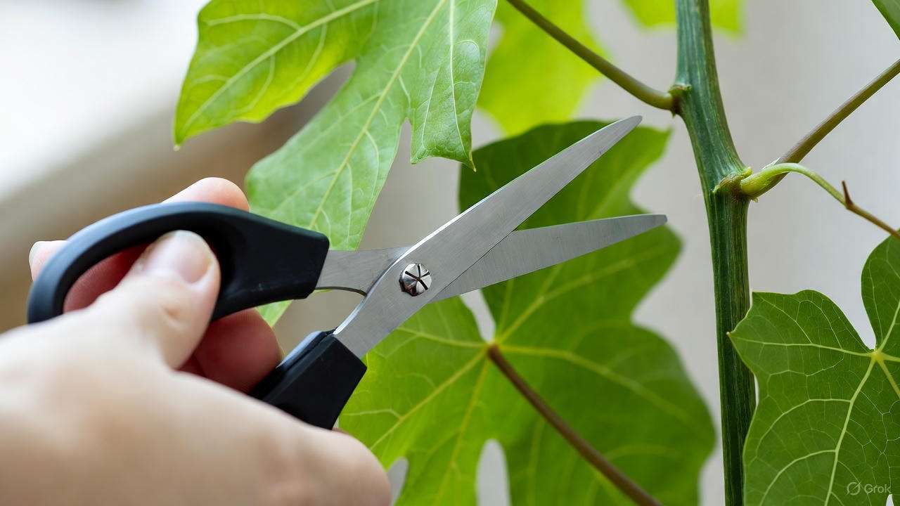 Hand pruning a Cissus discolor plant with scissors, showcasing healthy trimmed stems and leaves."