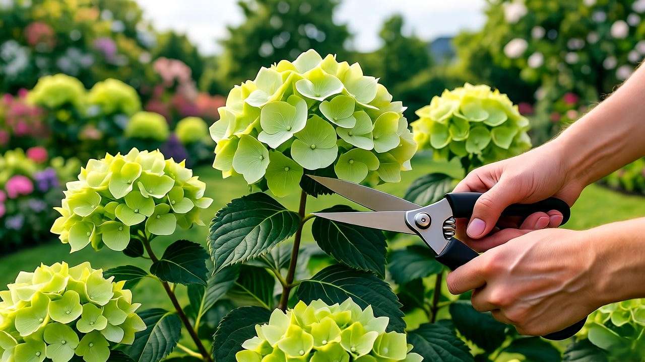 Gardener pruning healthy green hydrangea plants with shears in a lush garden"