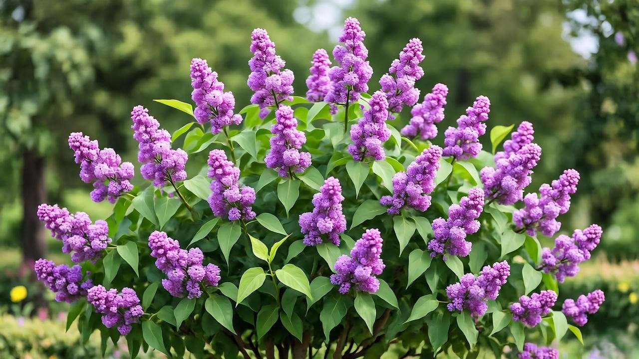 Pruned Persian lilac shrub with vibrant blooms in a landscaped garden."