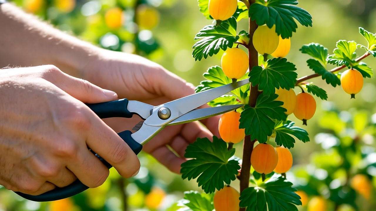 Gardener pruning a thriving yellow gooseberry plant with golden fruit and green leaves in a sunny garden."