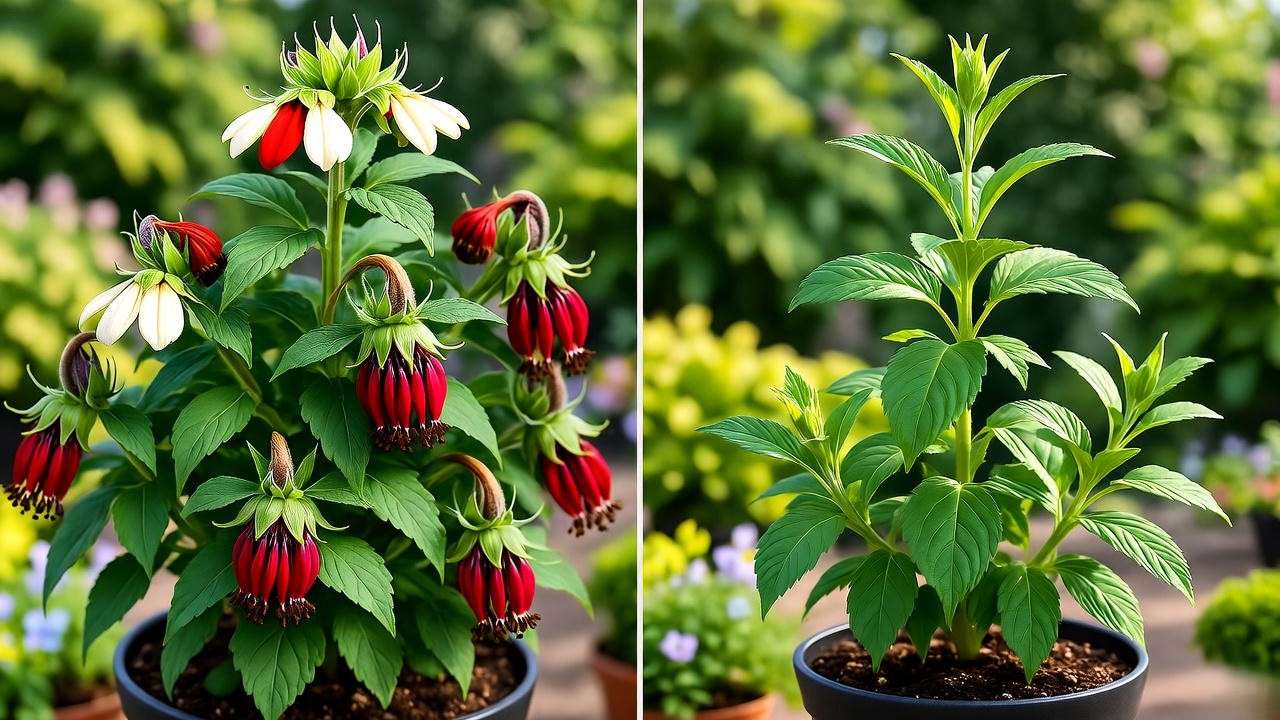 Before and after pruning of Hot Lips plant showing healthy growth."